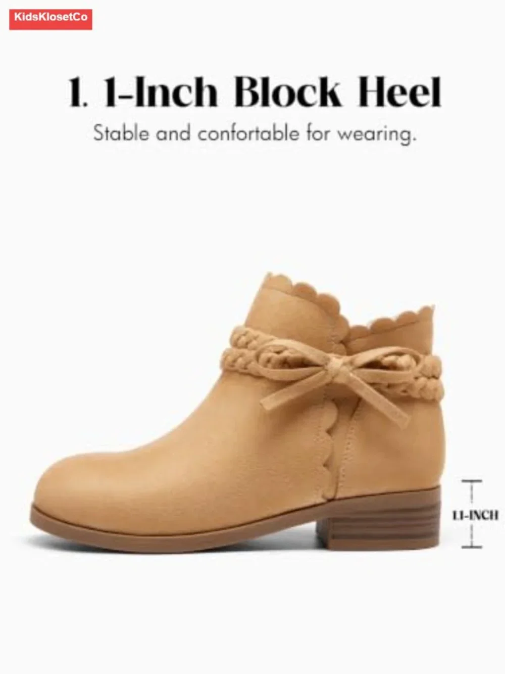 Girls Bow Ankle Boots Low Heel Zip Booties Faux Suede Braided Strap Dress Shoes